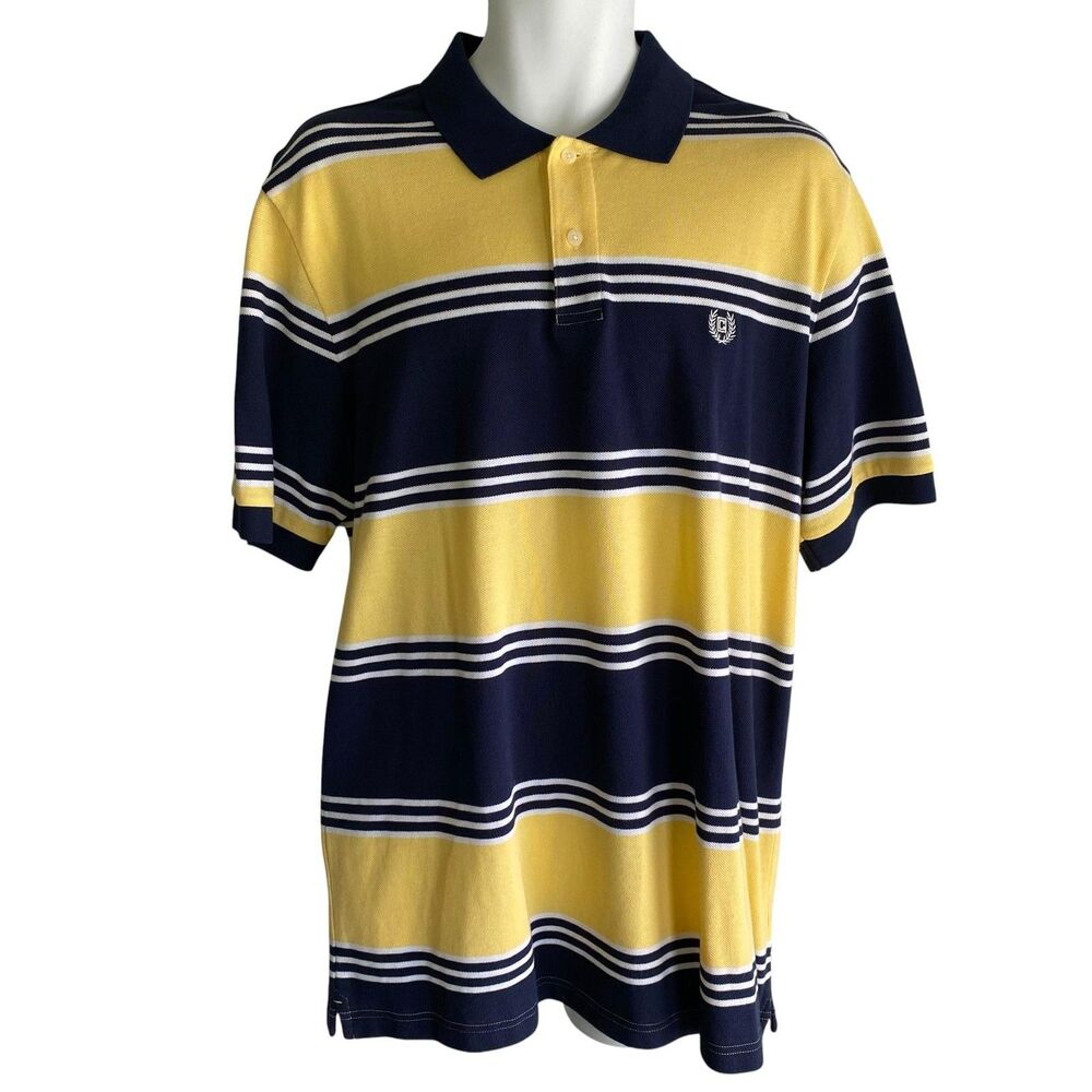 Chaps Polo Shirt Mens Large Blue Yellow Stripe 100% Cotton Short Sleeve Logo